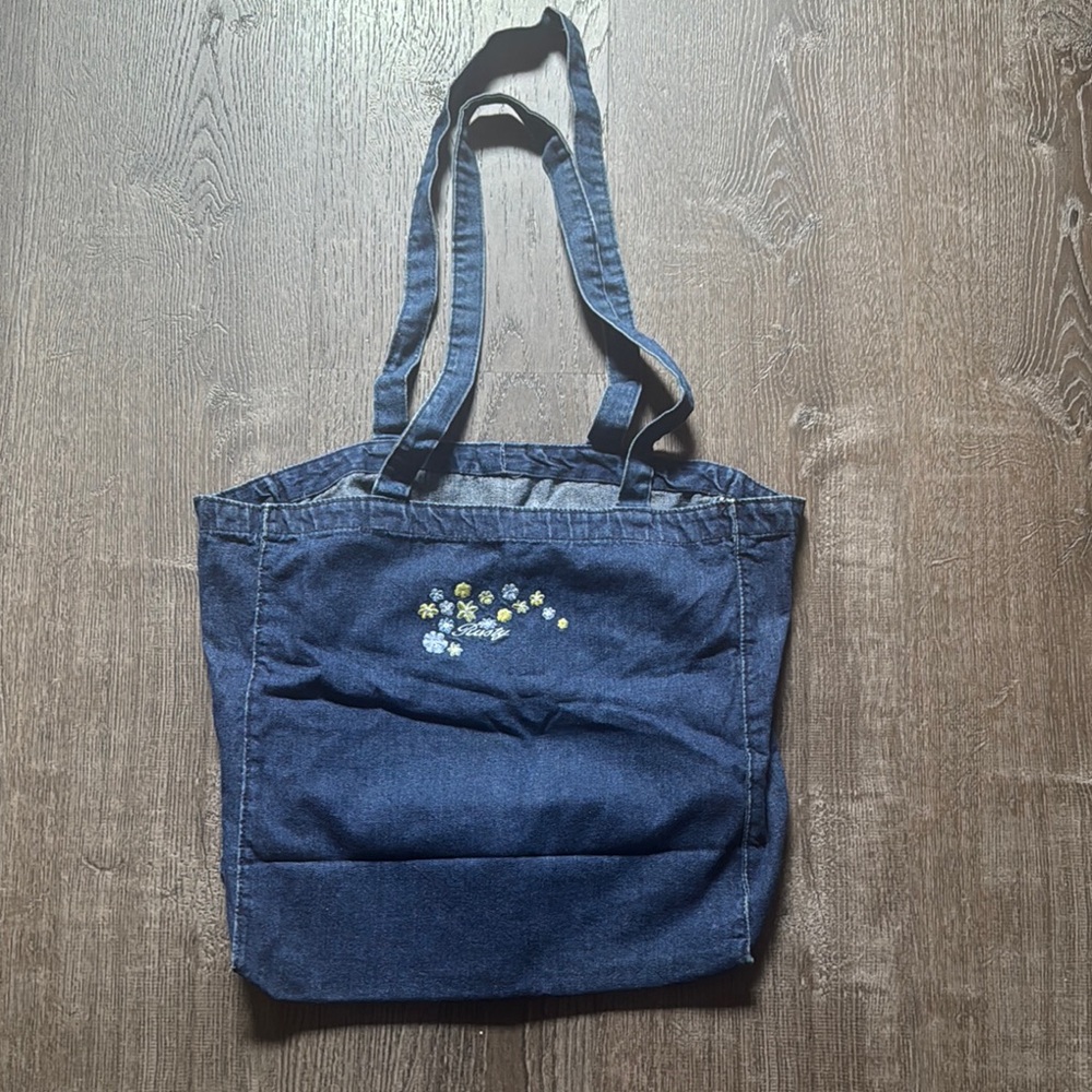 Rusty Blue Denim Tote Bag with Floral Detail